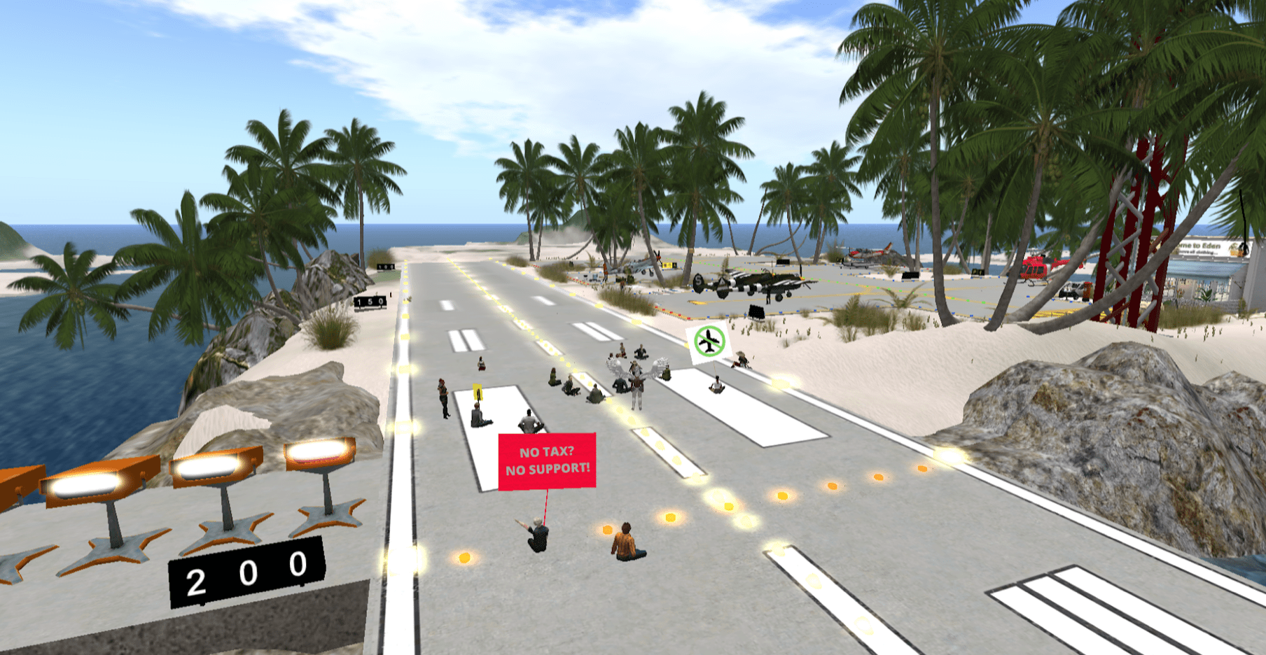 Digitale landingsbaan in Second Life wordt bezet om overheid op te roepen vliegen na coronacrisis te herzien.