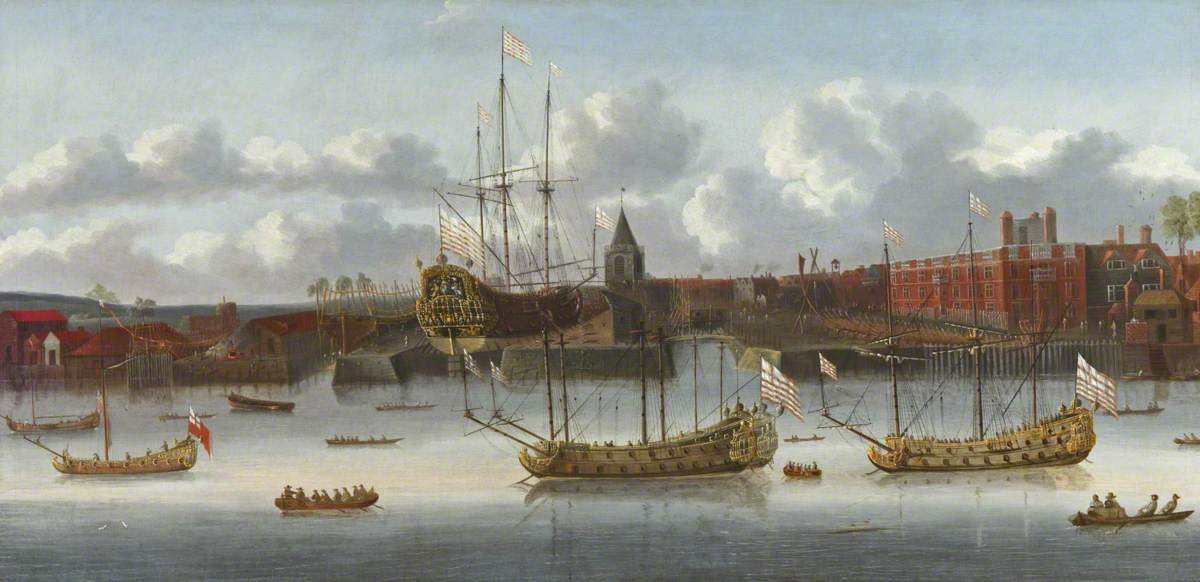 Oil on canvas painting ‘East India Company Ships at Deptford’, collection Royal Museums Greenwich (public domain, Wikimedia Commons)